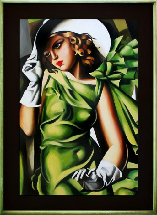 Tamara de Lempicka-Mädchen in Grün mit Handschuhen-Ölgemälde Handgemalt Leinwand Rahmen-Sygniert.112x82cm-cena 199,99 euro. wysylka 0 euro.malowany recznie